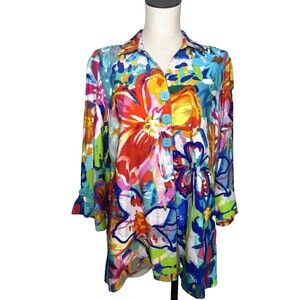 ALI MILES Floral Artsy Button Up Jacket Multicolor Tunic Top Woven Size 1X
